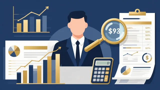 Ilustração de contador analisando relatórios financeiros, gráficos e calculadora