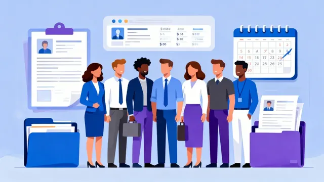 Ilustração de equipe de colaboradores com documentos e calendário, simbolizando o departamento pessoal