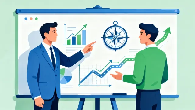 Ilustração de consultor apresentando gráficos de crescimento e uma bússola a um empresário
